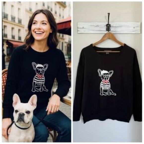 NWT French Connection Le Frenchie Black Sweater French Bulldog Parisian Dog SZ S - Picture 1 of 9